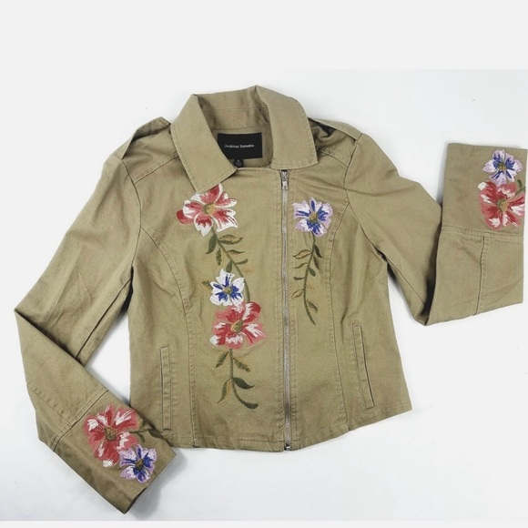 Jealous Tomato Jackets & Blazers - Jealous Tomato Olive Utility Jacket with Red & Blue Floral Embroidery